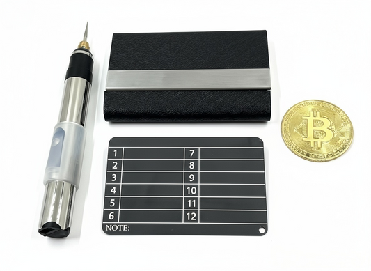 Crypto wallet recovery phrase storage kit stainless steel card record device package