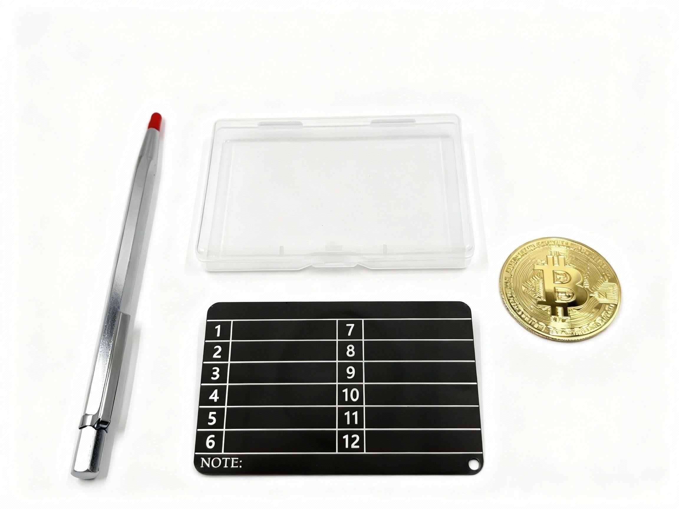 Crypto wallet recovery phrase storage kit stainless steel card record device package