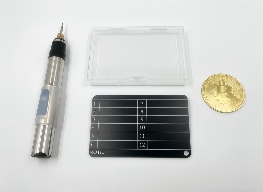 Crypto wallet recovery phrase storage kit aluminum alloy card record device package